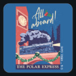 Polarna Express - allt ombord! Fyrkantigt Klistermärke<br><div class="desc">Polarna Express | Kolla den här bilden av stil tåg i vintage av Polar Express som korsar klockan torn till Nordpolen!</div>