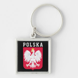 Polen flagga (med jackande av arm) fyrkantig silverfärgad nyckelring