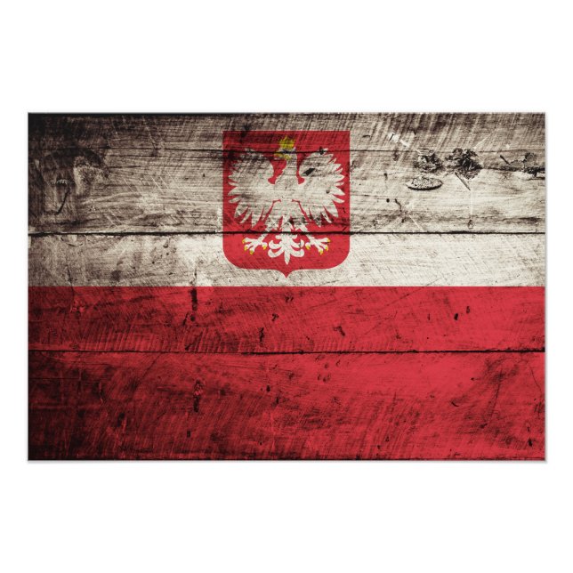 Polen Flagga på Old Wood Grain Fototryck (Framsidan)