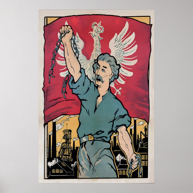 Polen propagandaposter Arbetare bryter kedjor Poster (Framsidan)