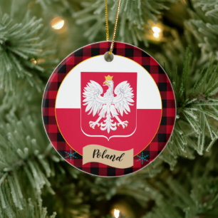 Polen, Red buffalo plaid och polsk Flagga Julgransprydnad Keramik