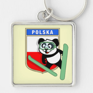 Polen Ski-hopping Panda Fyrkantig Silverfärgad Nyckelring