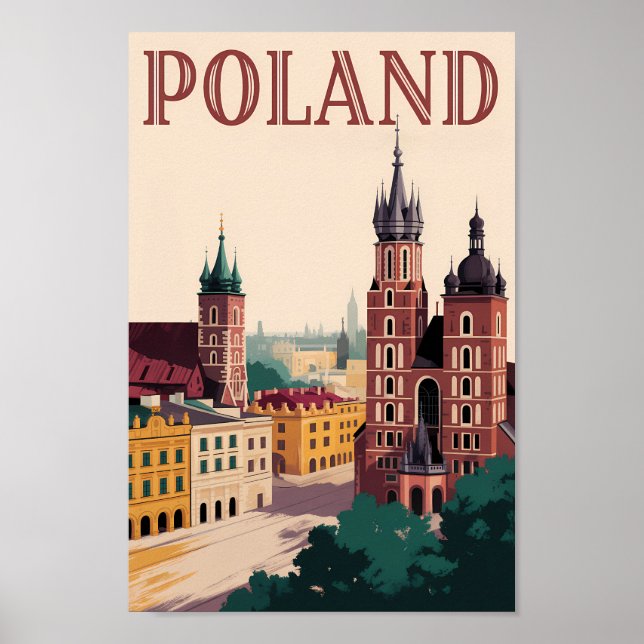 Polen Skyline Illustration Resa Konst Vintage Poster (Framsidan)