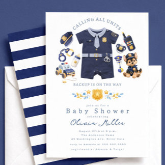 Police Baby Shower Invitation Blue Stripe Inbjudningar