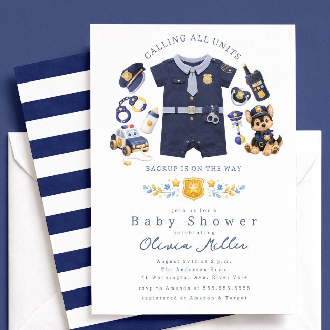 Police Baby Shower Invitation Blue Stripe Inbjudningar (Skapare uppladdad)