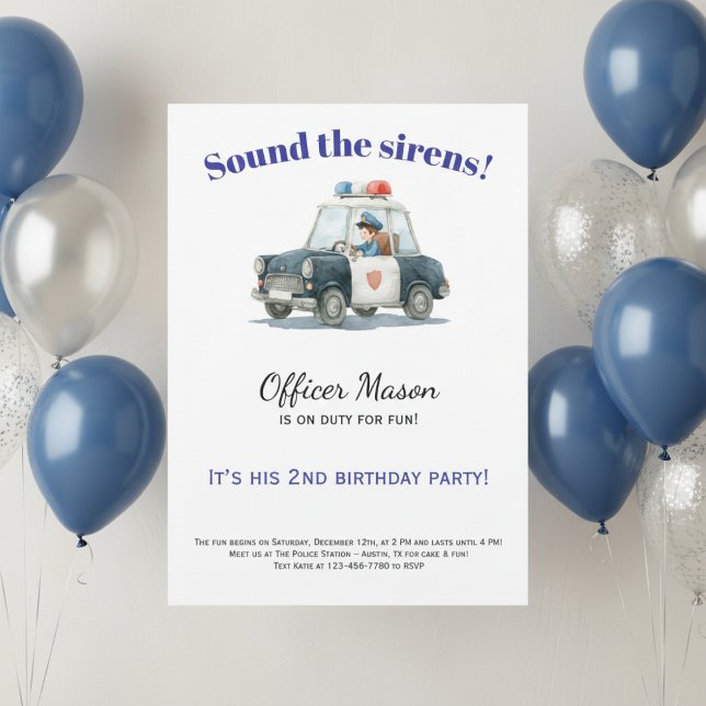 Police Birthday Invitation • Officer Car Inbjudningar (Watercolor police birthday invitation for boy with blue balloon decor and neutral background)