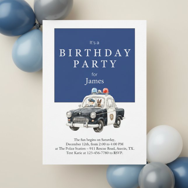 Police Car Birthday Invitation • Boy Party Invite Inbjudningar (Watercolor police birthday invitation on beige surface with blue balloon decor in background)
