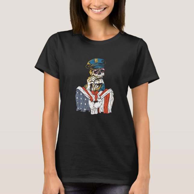 Police costume skaleton with American Flag Premium T Shirt (Framsida)