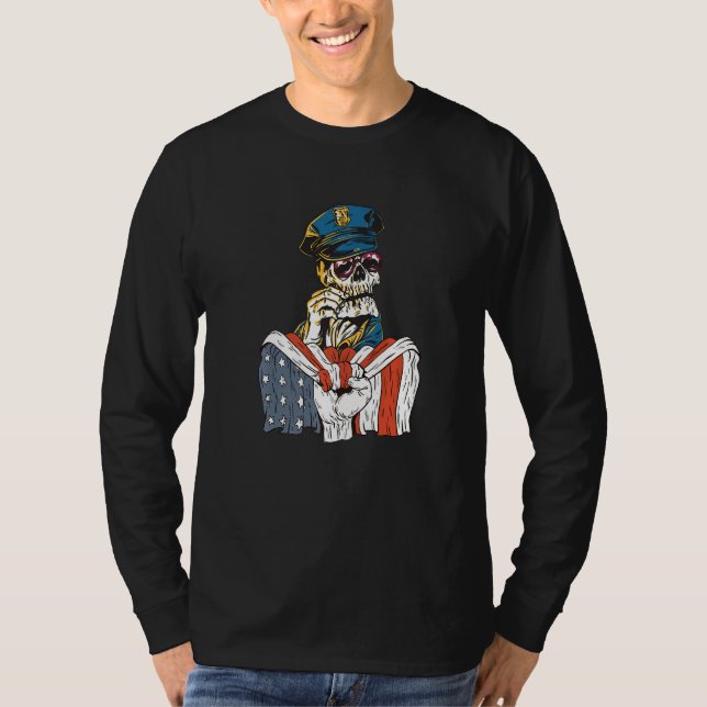 Police costume skaleton with American Flag Premium T Shirt (Framsida)