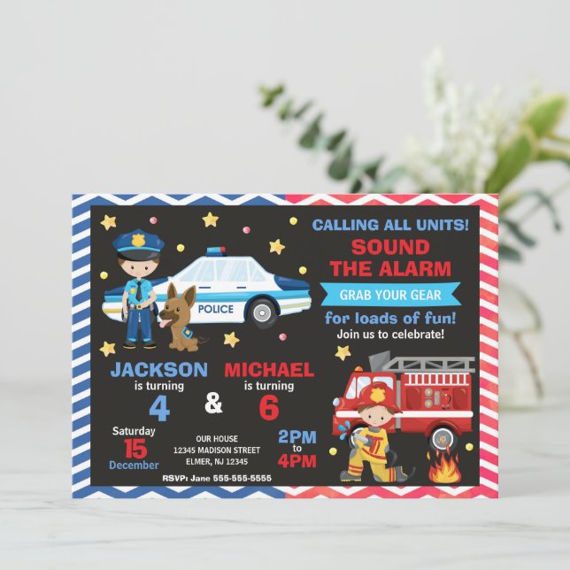 Police & Firefighter Joint Birthday Inbjudningar (Stående Fram)
