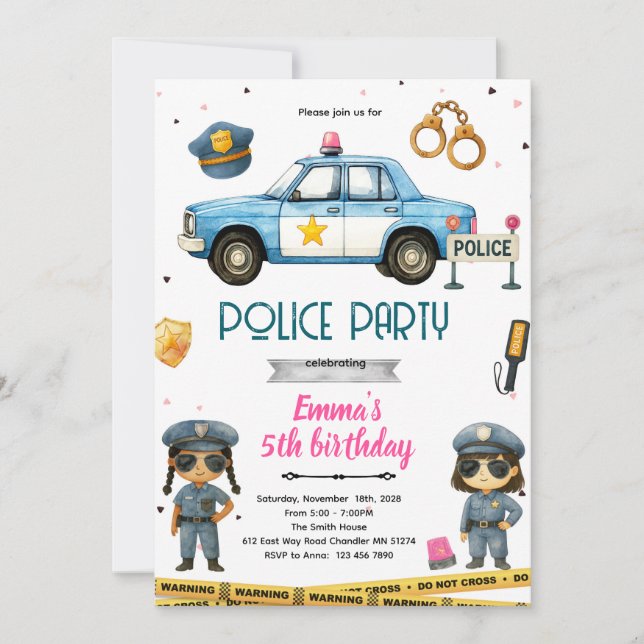 Police girl party theme invitation inbjudningar (Framsida)