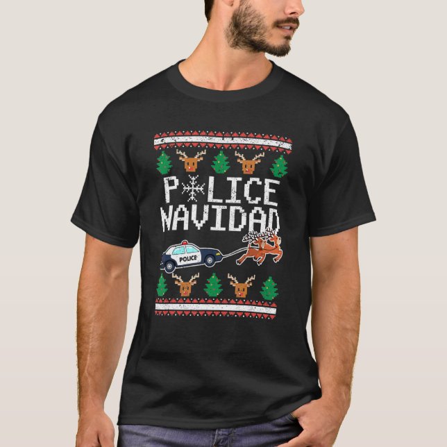 Police Navidad Ugly Christmas Reindeer  Policeman  T Shirt (Framsida)