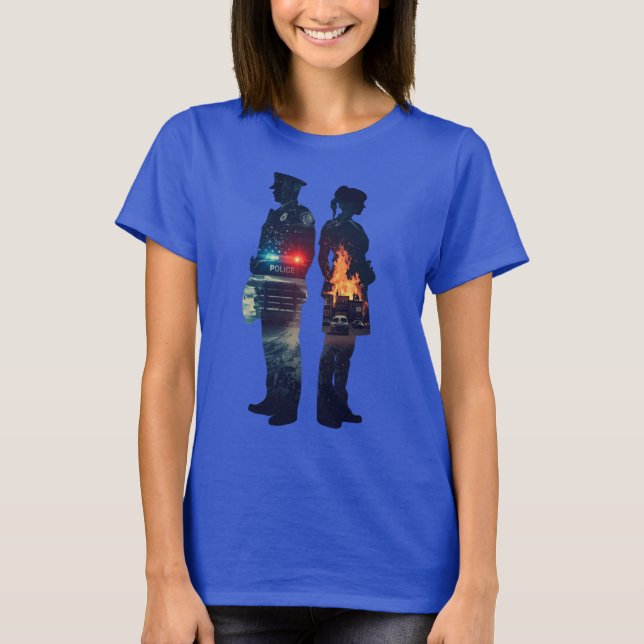 Police Officer and Nurse Couple Silhouette T Shirt (Framsida)