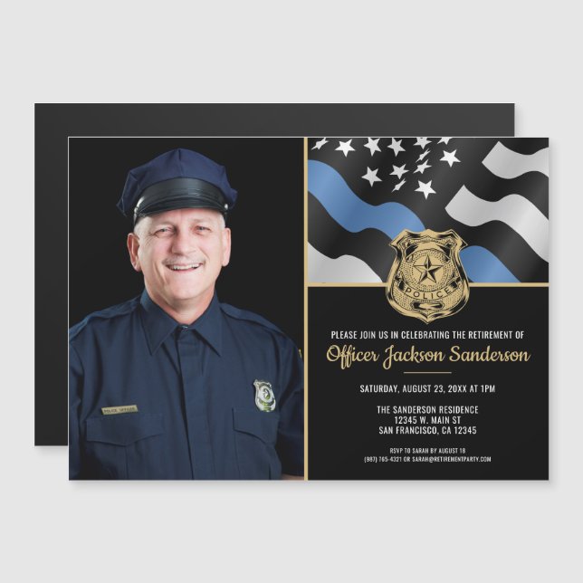 Police Officer Retirement Law Enforcement Photo Magnetisk Inbjudningskort (Fram/baksida)