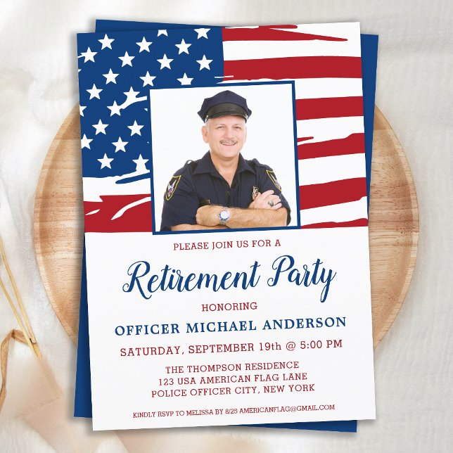 Police Pension Party Photo USA Amerikanska Flagga Inbjudningar (Skapare uppladdad)