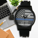 Police Personalized Law Enforcement Thin Blue Line Armbandsur<br><div class="desc">Celebrate and show your appreciation to an outstanding Police Officer with this Thin Blue Line Police Watch - American flag design in Police Flag colors, distressed design . Perfect for service awards and Police Graduation gifts . Personalize with badge number. COPYRIGHT © 2020 Judy Burrows, Black Dog Art - All...</div>