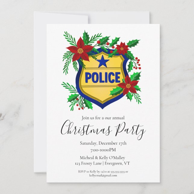 Police Shield with Poinsettia Merry Christmas  Inbjudningar (Framsida)