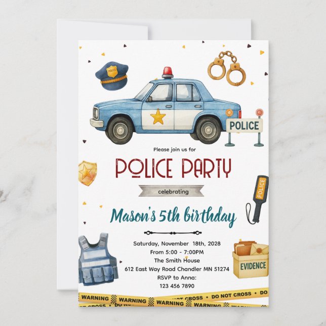 Police theme birthday party invitation inbjudningar (Framsida)