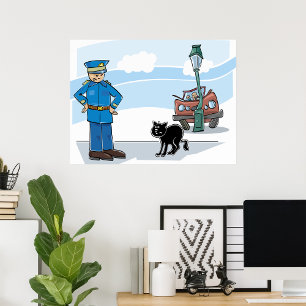 Policeman och en svart katt poster