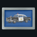 Policeman Vintage Police Car Blue<br><div class="desc">Bälte-låsbeslaget är en unik gåva till poliser och tillsatta lagar. Utformningen har en vintage polisbil på blå bakgrund. Designad av världsberömd konstnär ©Tim Coffey.</div>