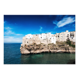 Polignano a Mare-hus på en klippa i Apulien Fototryck