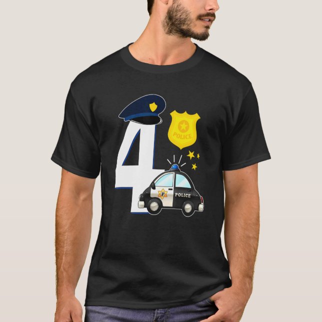 Polis 4 år gammal cute-polisbil 4e födelsedagen t shirt (Framsida)