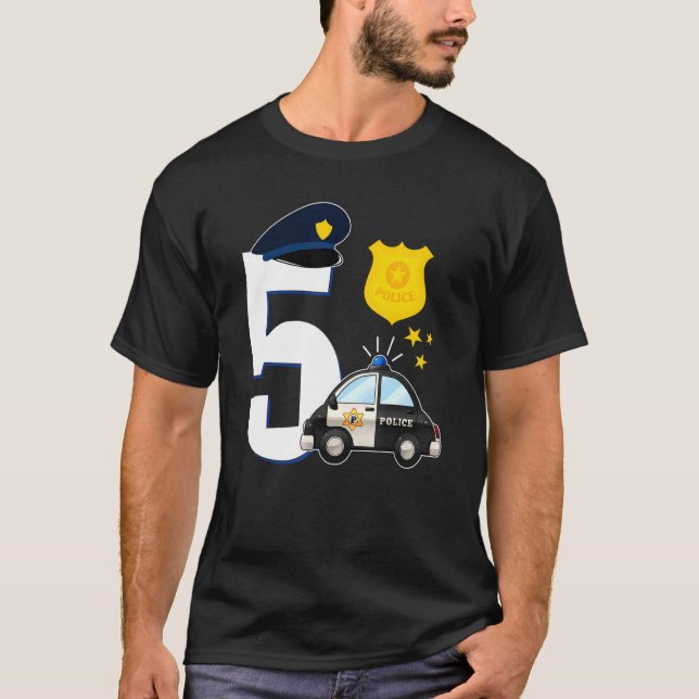 Polis 5 år gammal cute-polisbil 5:e födelsedagen t shirt (Framsida)