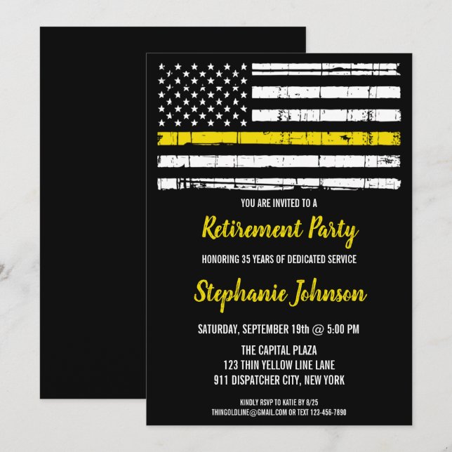 Polis 911 Dispatcher Pension Thin Gult Line Inbjudningar (Fram/baksida)