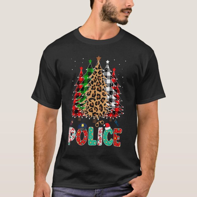 Polis Leopard Röd Vit Grön Karo Julgran T Shirt (Framsida)