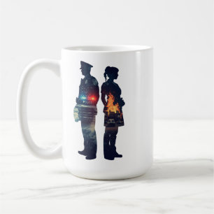 Polis och sjuksköterska par silhuett kaffemugg