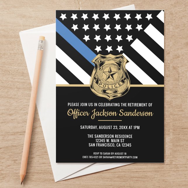 Polis Pension Blue Line Flagga Tillsatta lagar Inbjudningar (Perfect invitations to invite guests to honor the retiring police and law enforcement officer.)