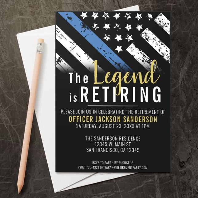 Polis Pension Blue Line Flagga Tillsatta lagar Inbjudningar (The perfect retirement party invitation for a retiring police officer, sheriff, captain, etc!)