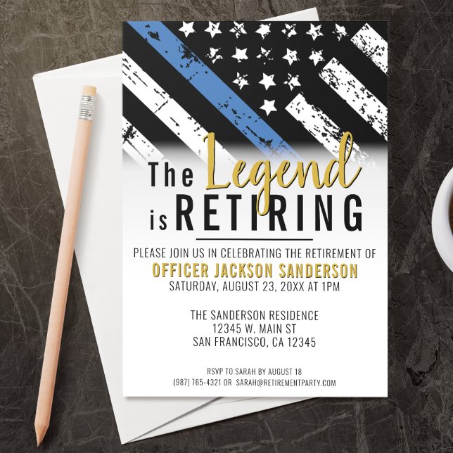 Polis Pension Blue Line Flagga Tillsatta lagar Inbjudningar (A perfect retirement party invitation for a retiring law enforcement police officer, chief, sheriff!)