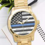 Polis Pension Gift Thin Blue Line Flagga Guld Armbandsur<br><div class="desc">Fira och visa er uppskattning för en framstående polisman med denna Thin Blue Line Pension eller årsdag Pocket Watch - American flagga design in Police Flagga i en modern svart och blå design . Perfekt för tjänstekriser och Pension-gåvor från polisväsendet och pension från tillsatta lagar. Anpassa polisbevakningen i pension med...</div>