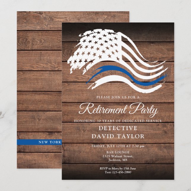 Polis Pension Party Thin Blue Line Rustic Inbjudningar (Fram/baksida)