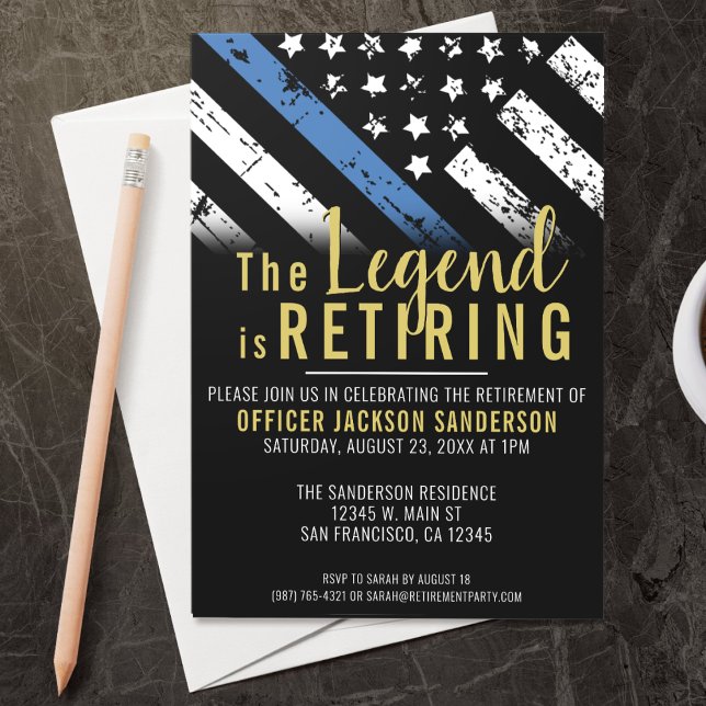 Polis Pension Thin Blue Line Tillsatta lagar Inbjudningar (A perfect retirement party invitation for a retiring law enforcement police officer, chief, sheriff!)