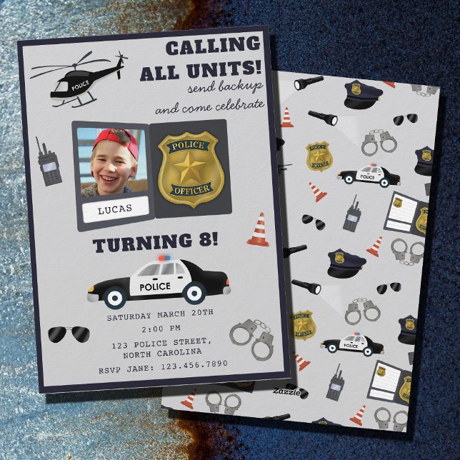 Polis tema polis konstapel födelsedagsfoto inbjudningar (Police Themed Policeman Cop Birthday Photo Invitation)