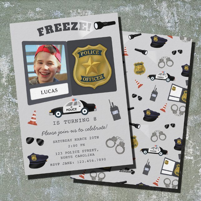 Polis tema polisman polis märke foto födelsedag inbjudningar (Police Themed Policeman Cop Badge Photo Birthday Invitation)