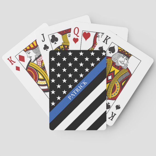Polis Thin Blue Line American Flagga Monogram Namn Casinokort (Baksidan)