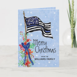 Polis tunn blå linje flagga Holly God Jul Helgkort