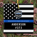 Polisavdelningen Blue Anpassningsbar Logotyp Tills Julgransprydnad Keramik<br><div class="desc">Tunn Blue Line Polisavdelning Jul Ornament - Amerikansk flagga i Police Flagga, modern svart och blå design. Anpassa med din avdelnings logotyp och anpassa dig med polistjänstemän namn och bricknummer. Tillsatta lagar är i personlig en perfekt för polismyndigheter och tillsatta lagar-officerare, stuffare och julklappar till era poliser. Beställ dessa polisens...</div>