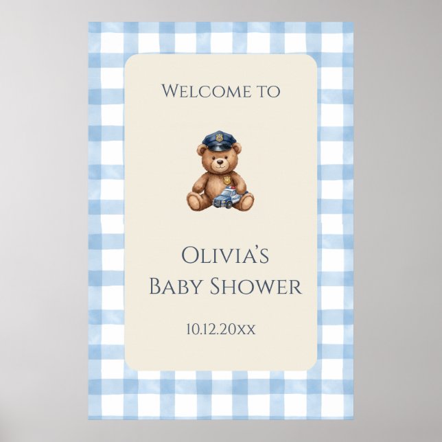 Polisbamse Gingham Baby Shower Poster (Framsidan)