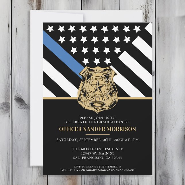Polisblå linje Flagga Tillsatta lagar Studenten Inbjudningar (Perfect invitation to invite guests to celebrate the new police academy graduate in law enforcement!)