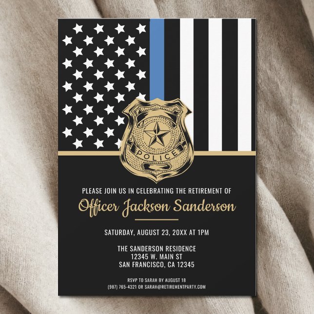 Polisblå linje Pension Tillsatta lagar Thin Blue L Inbjudningar (Police Retirement Law Enforcement Photo Blue Line Invitation)