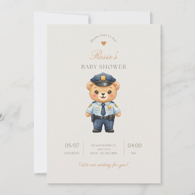 Polisbricka Baby Shower Inbjudan — Law Enforcement (Framsida)