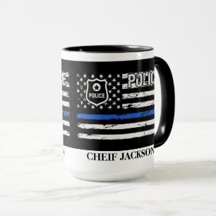 Polischef Blue Line Flagga Badge Coffee Mugg