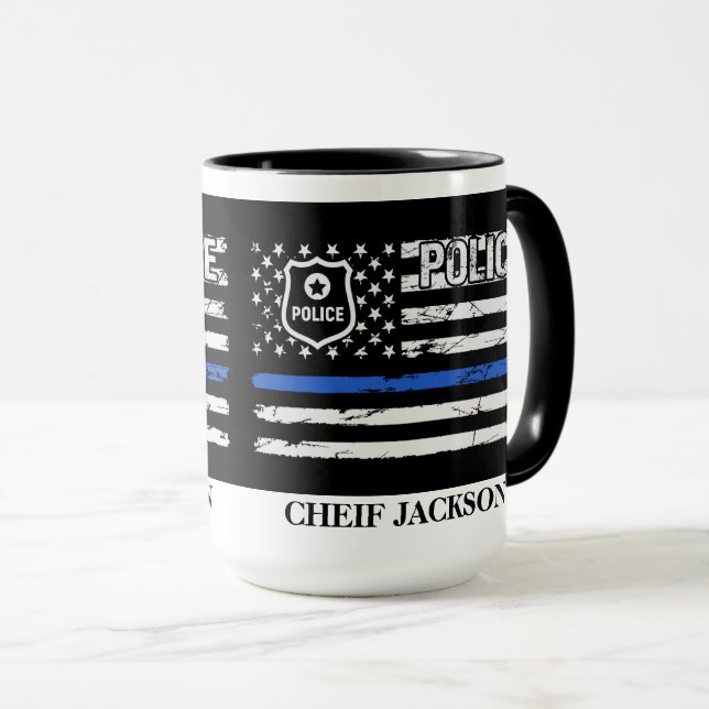 Polischef Blue Line Flagga Badge Coffee Mugg (Framsida höger)
