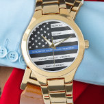 Polischef Pension Anpassningsbar Thin Blue Line Armbandsur<br><div class="desc">Fira och visa er uppskattning för en framstående polisman med denna Thin Blue Line Pension eller årsdag Pocket Watch - American flagga design in Police Flagga i en modern svart och blå design . Perfekt för tjänstekriser och Pension-gåvor från polisväsendet och pension från tillsatta lagar. Anpassa polisbevakningen i pension med...</div>