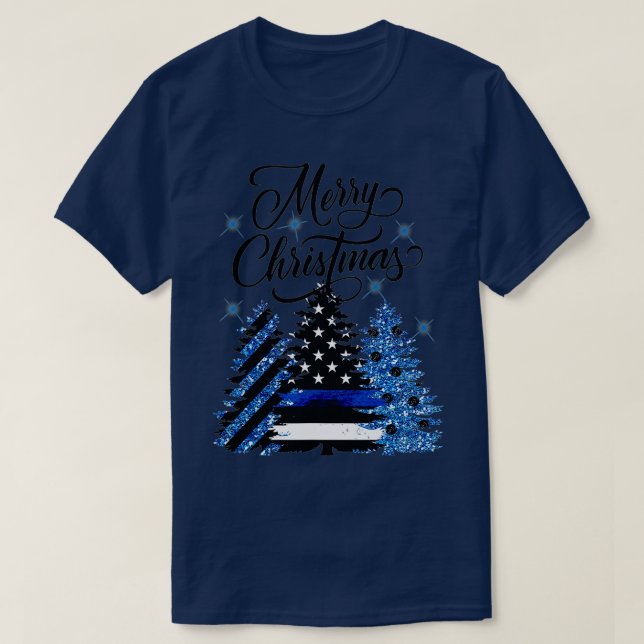 Polischef Thin Blue Line Flagga Julgran T Shirt (Design framsida)