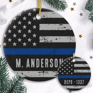 Polischef - US American Flagga Thin Blue Line Julgransprydnad Keramik